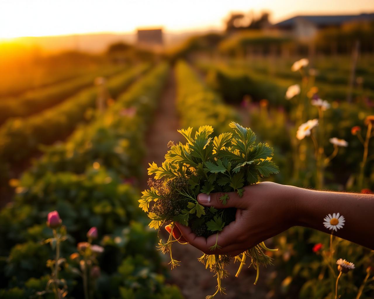A farmer holding fresh herbs at a San Diego organic farm at golden hour